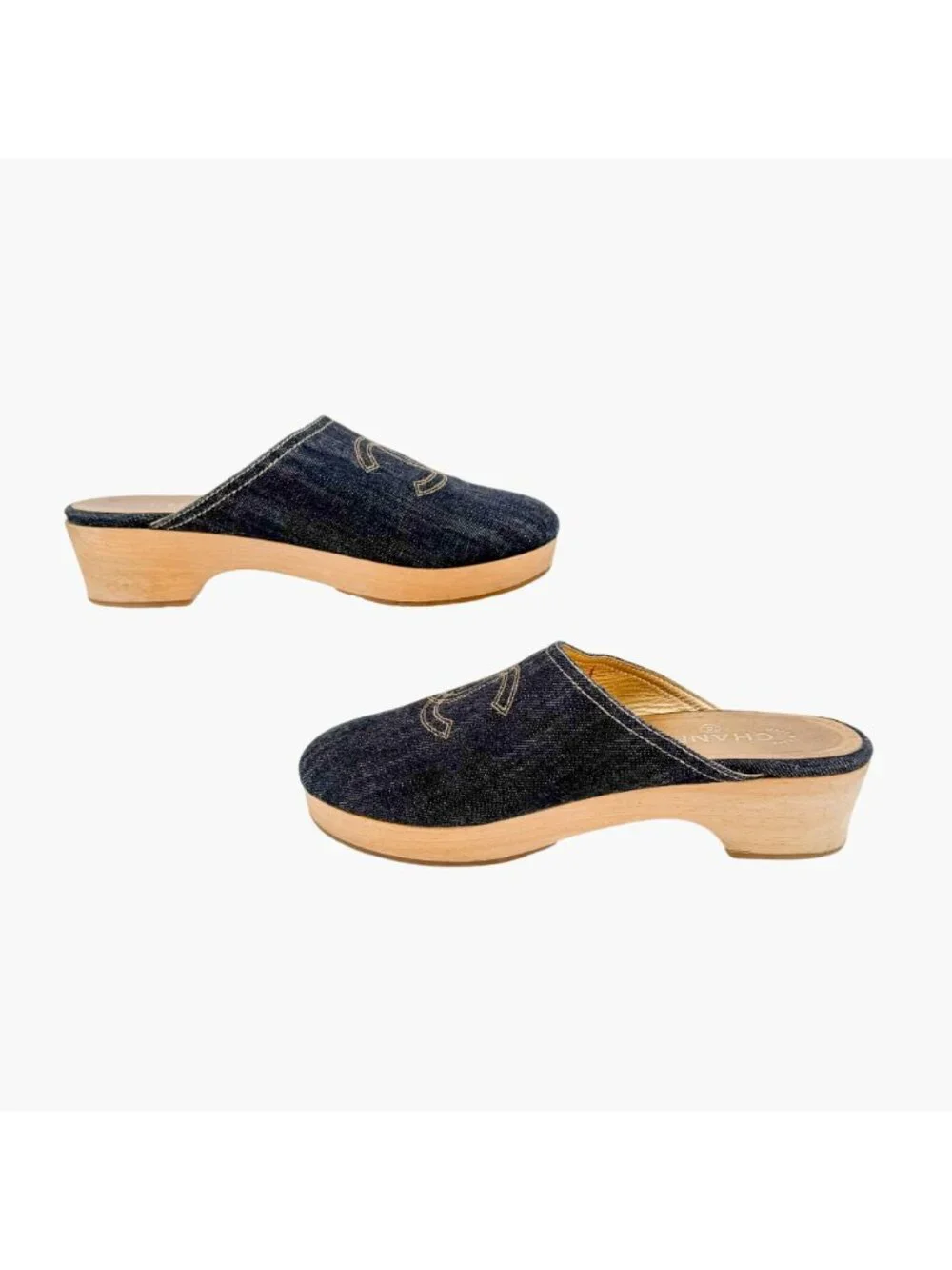 Chanel Denim CC Clogs Navy Blue Platform Mules Wooden Size 41 US 10-10.5 Women’s